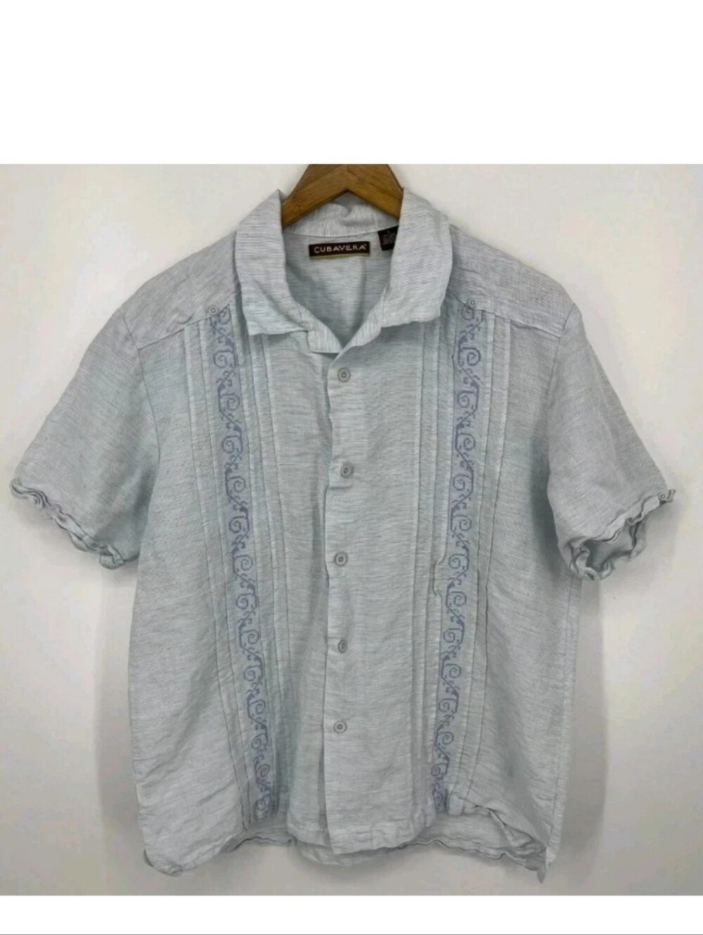 Cubavera Short Sleeve Button Up Shirt Men's Large Linen Blend Blue Rockabilly